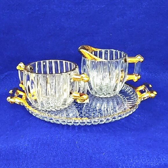 Creamer Sugar Set Jeanette Glass Co 24K Gold Decorated Hobnail Ribbed Vintage - Picture 1 of 11